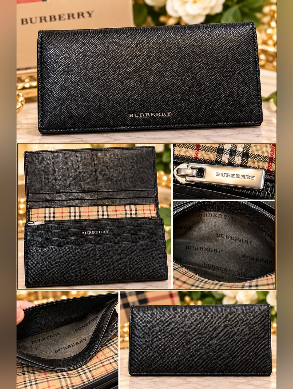 Burberry Saffiano Leather Nova Check Long Bifold Wallet - MSRP $720